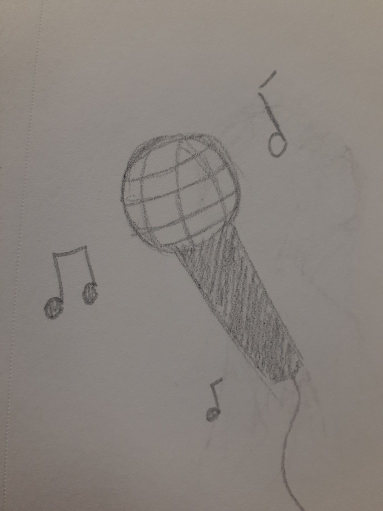 A sketch of a microphone with little music notes around it.