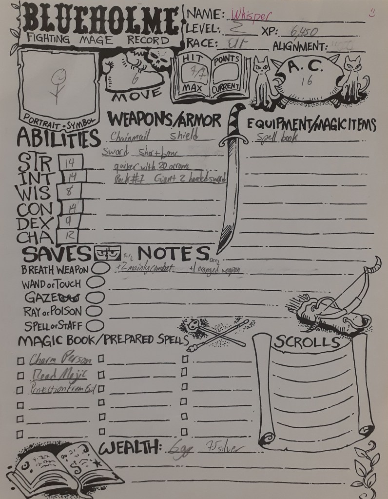 A filled out D&D character sheet.