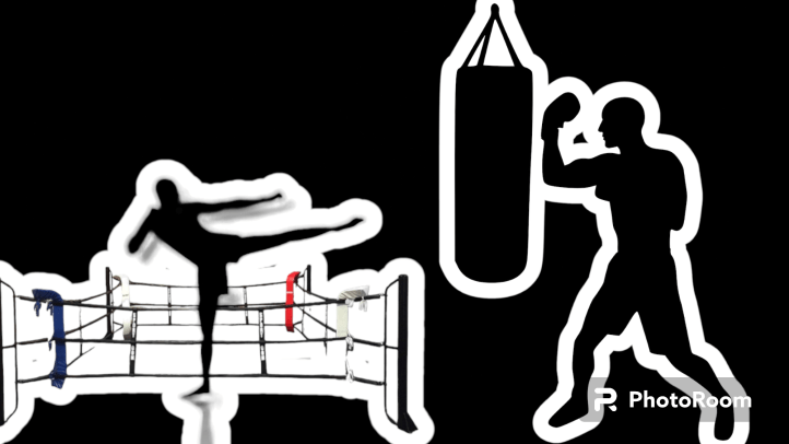 A boxer is practicing to punch on a punching bag and a fighter is practicing different techniques in a boxing ring.